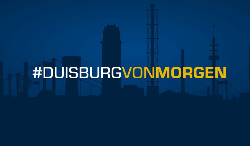 Grafik mit dem Schriftzug „#DUISBURGVONMORGEN“ vor einer stilisierten Duisburger Stadtsilhouette bei Nacht.
