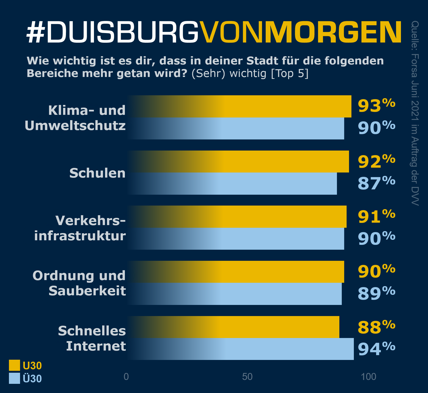 Grafik zu wichtigen Themen in der Stadt: Klima- und Umweltschutz, Schulen, Infrastruktur, Sauberkeit, Internet.
