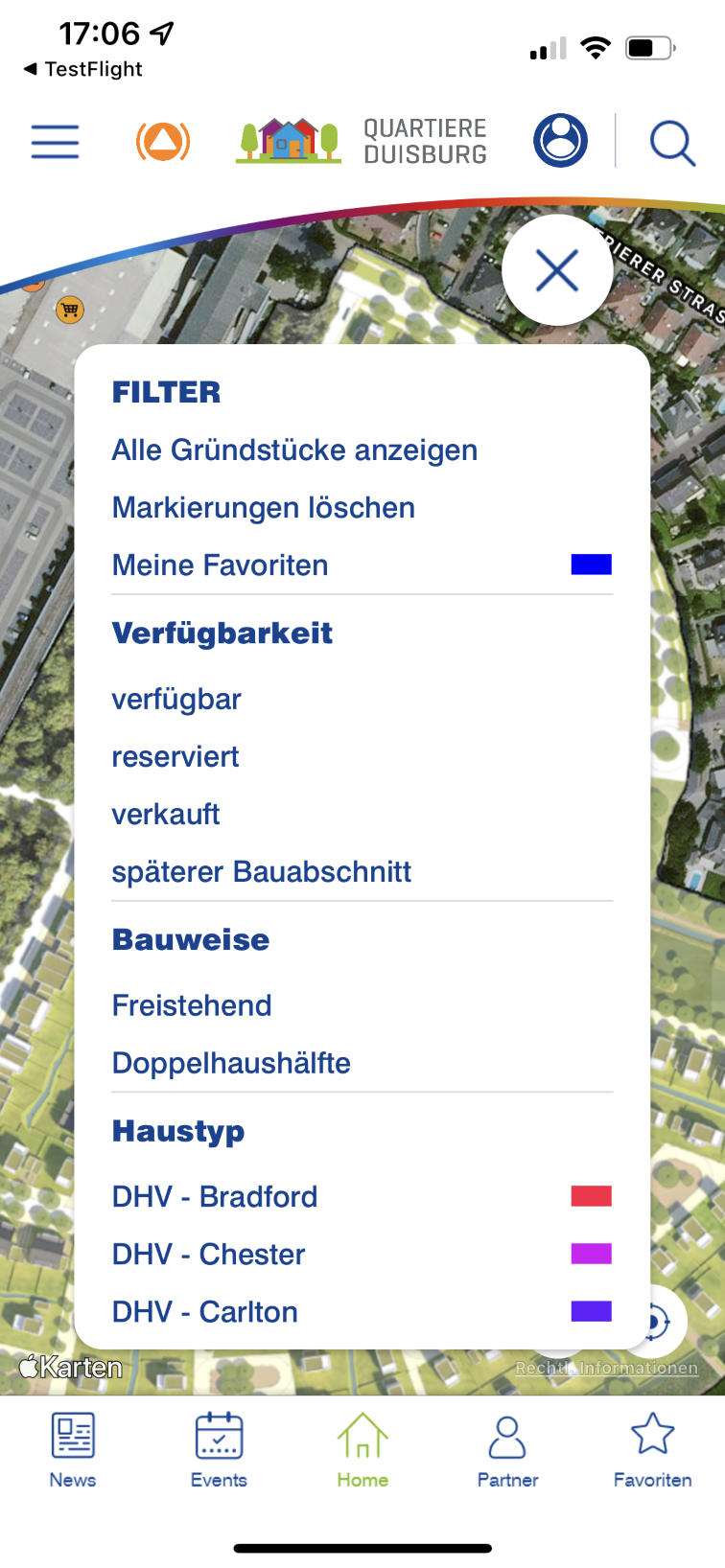 Screenshot der App „Quartiere Duisburg“ mit geöffneter Filterfunktion für Grundstücke und Haustypen