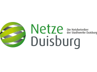 Das Logo der Netze Duisburg GmbH, bestehend aus einer grünen, strukturierten Kugel und grüner (Netze) sowie grauer (Duisburg) Schrift